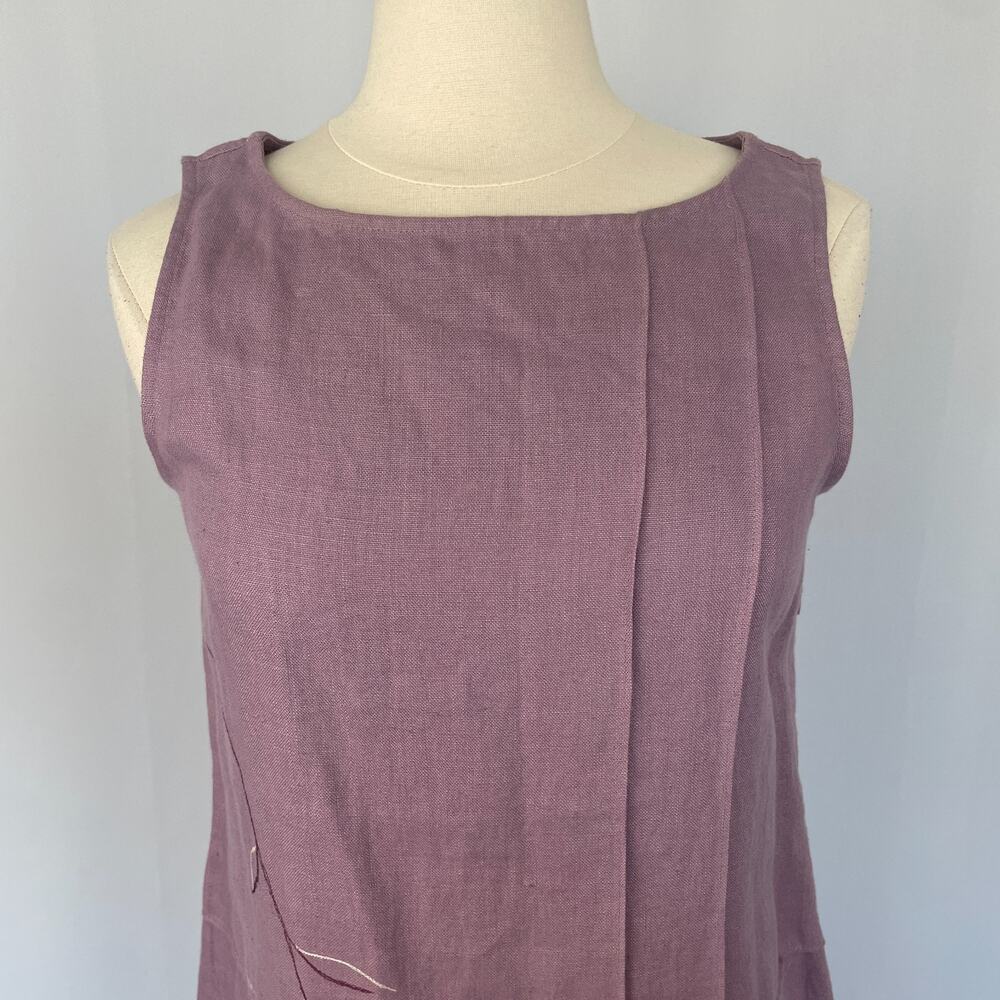 Vintage Shift Dress Size Medium Petite MP Purple Linen Embroidered Sleeveless - Picture 3 of 14